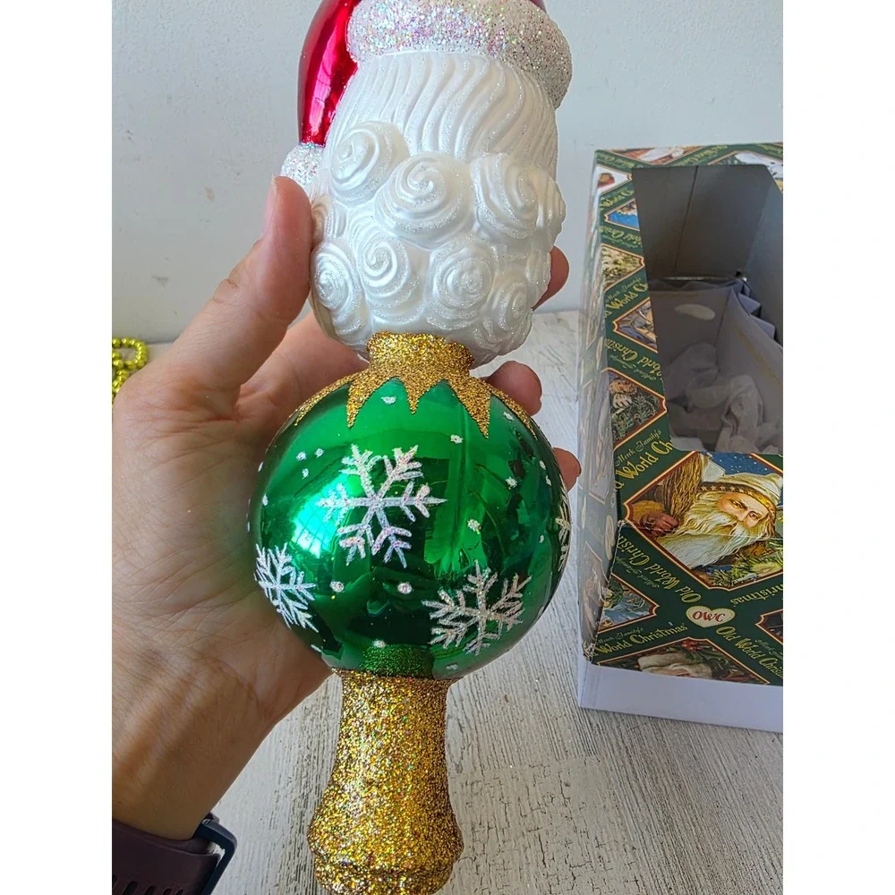 OWC Old world 2005 Santa glitter tree topper ball green gold Xmas tree